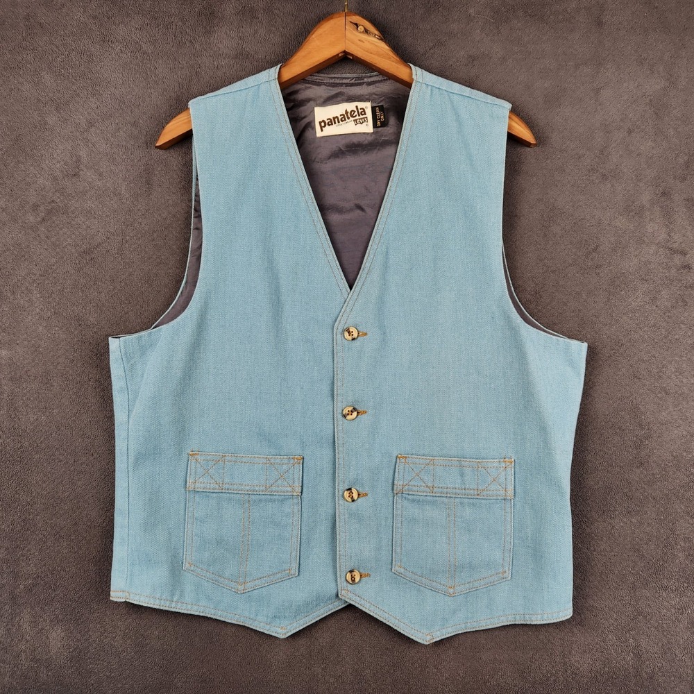 Vintage Levis Panatela Vest Mens‎ Medium Light Blue Denim Western Lined 70s